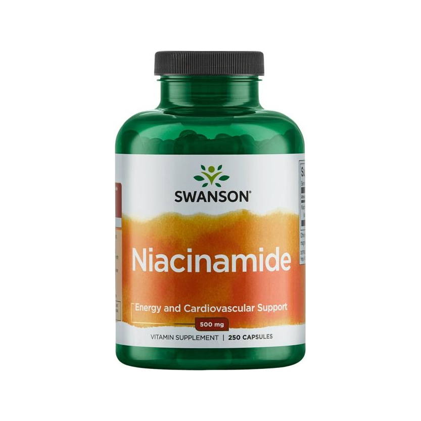 Swanson niacinamid kapslar i grön burk med svart lock