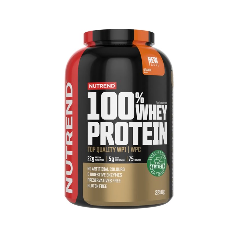 Nutrend 100% vassleprotein 2250 g, röd burk med svart lock och orange toppetikett.