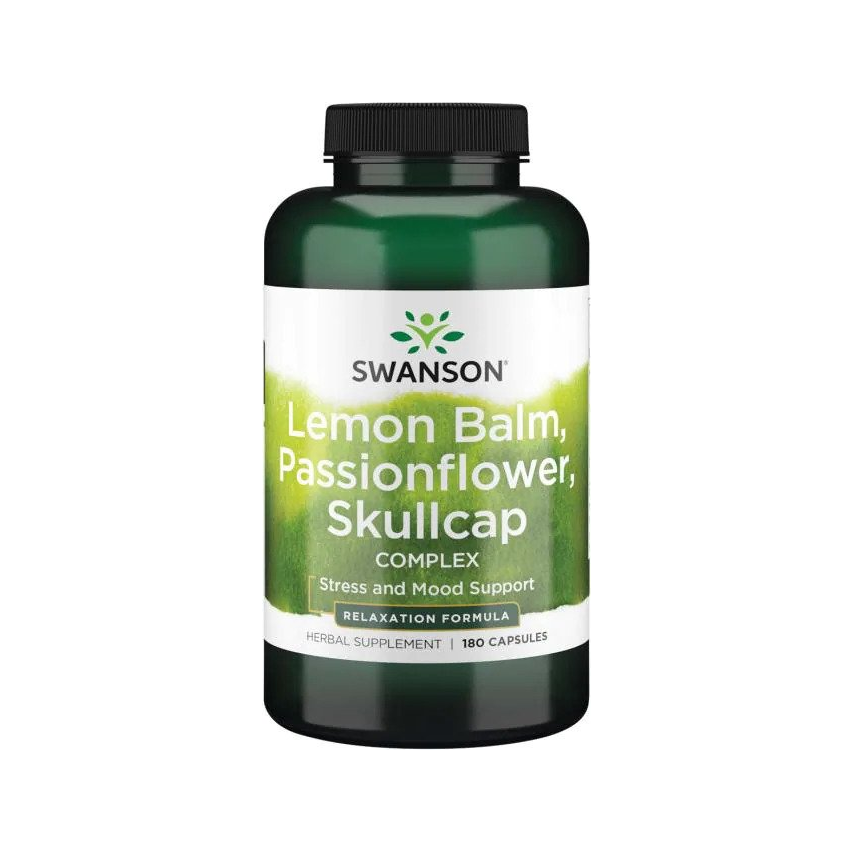 Swanson kosttillskott i flaska med etikett för Lemon Balm, Passionflower, Skullcap, 180 kapslar