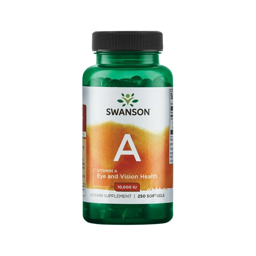 Swanson vitamin A-tillskott i grön kapselflaska med skruvlock
