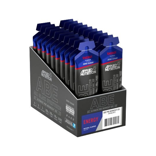 Applied Nutrition ABE-drycksgel, mörkblå Energy, i kartongställ med flera tuber.