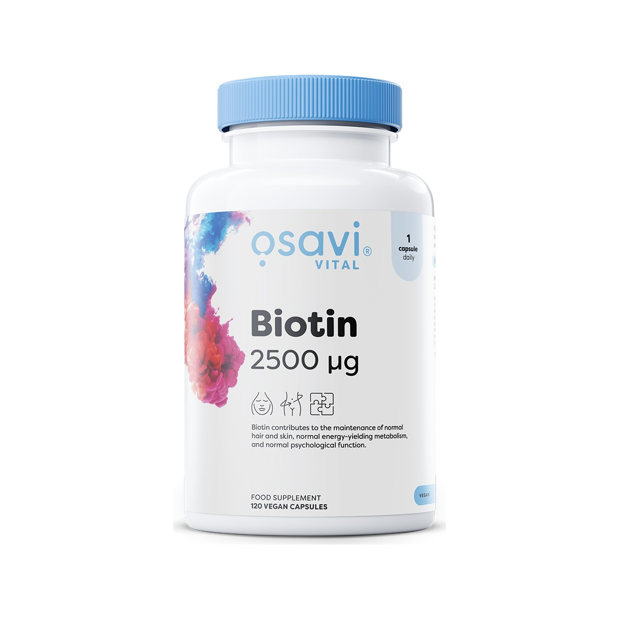 Osavi biotin 2500 µg kapslar i vit flaska med blå lock