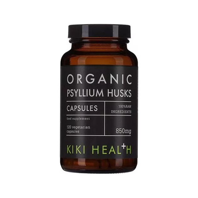Psylliumskal-kapslar från KIKI Health i brun burk med etikett
