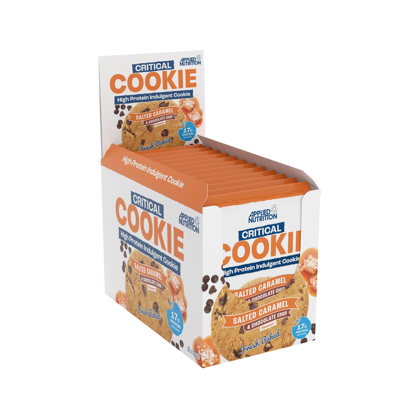 Förpackning med proteincookies med saltat karamell och chokladbitar, 12-pack