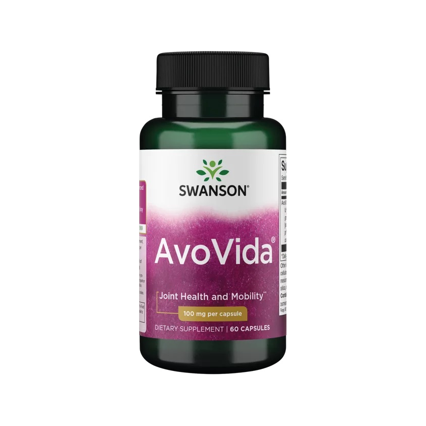 Swanson AvoVida 100 mg kapseltillskott i flaska med svart kork och etikett