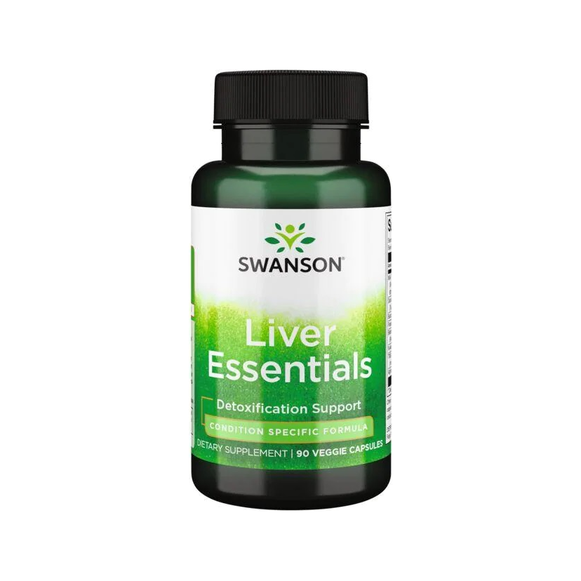Swanson Liver Essentials kosttillskott, grön etikett på kapselflaska med svart lock