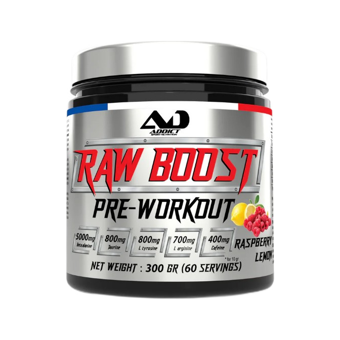 Burk kosttillskott Raw Boost pre-workout, Raspberry Lemon-smak, 300 g