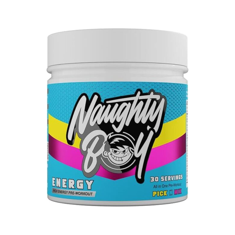 Energipulver i burk med lock, blå och gul etikett med Naughty Boy Energy.