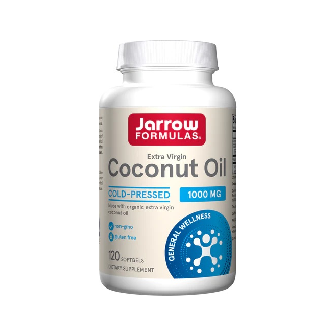 Jarrow Formulas kokosolja, extra virgin, kapslar i burk med etikett