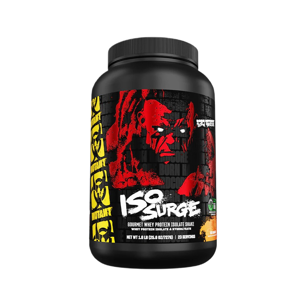 Proteinshakeburk med svart lock, röd/svart etikett med vit text och orange detalj