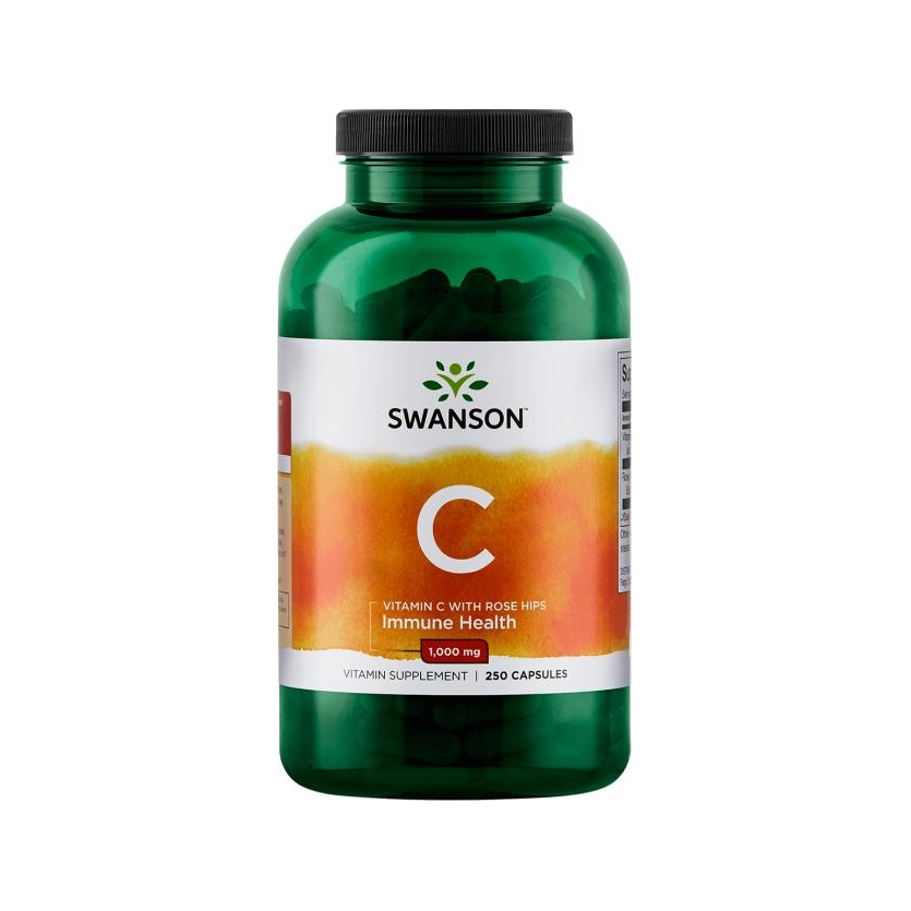SWANSON C-vitamin med nyponextrakt, kapslar i mörkgrön burk med skruvlock.