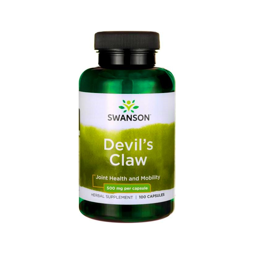 Swanson Devil's Claw kosttillskottflaska med svart lock och grön etikett