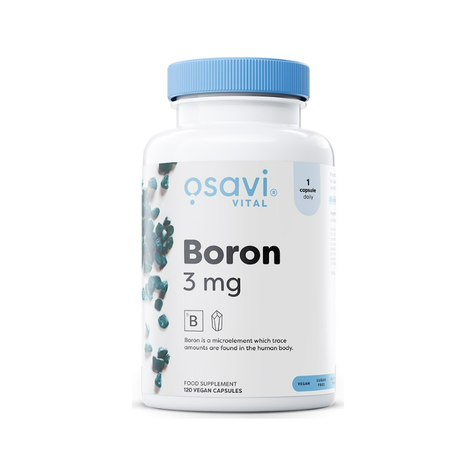 Kapselburk Osavi Boron 3 mg med blå skruvkork och etikett