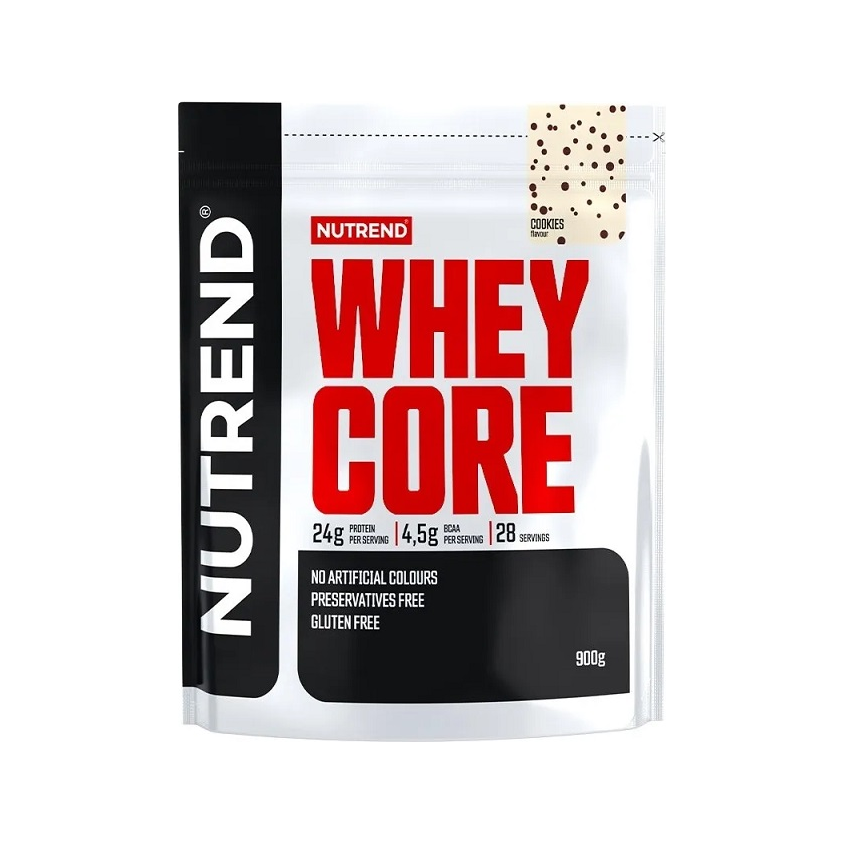 Proteinpulverpåse med Nutrend Whey Core, Cookies-smak, 900 g