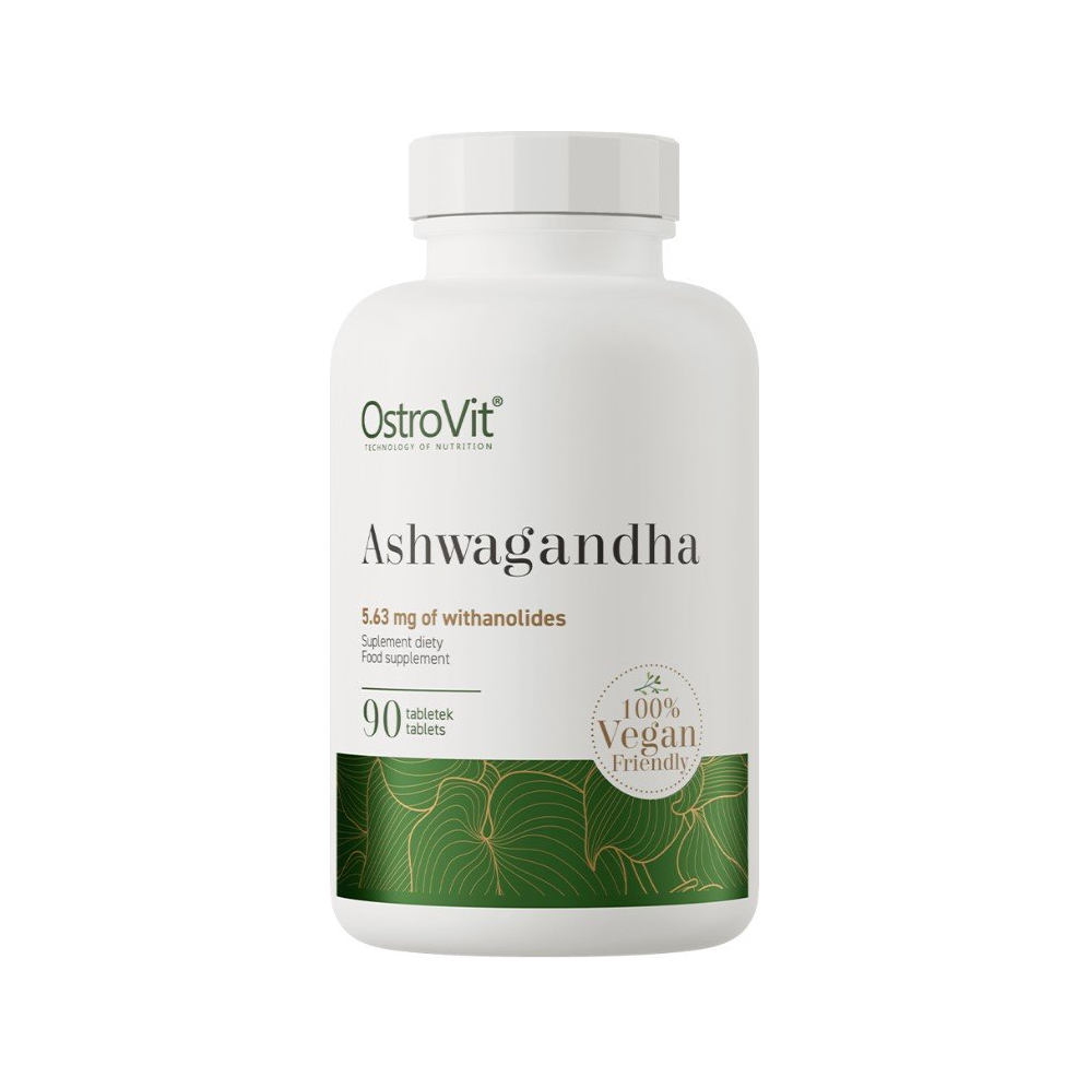 OstroVit Ashwagandha kosttillskott i vit burk, 90 tabletter, vegansk märkning
