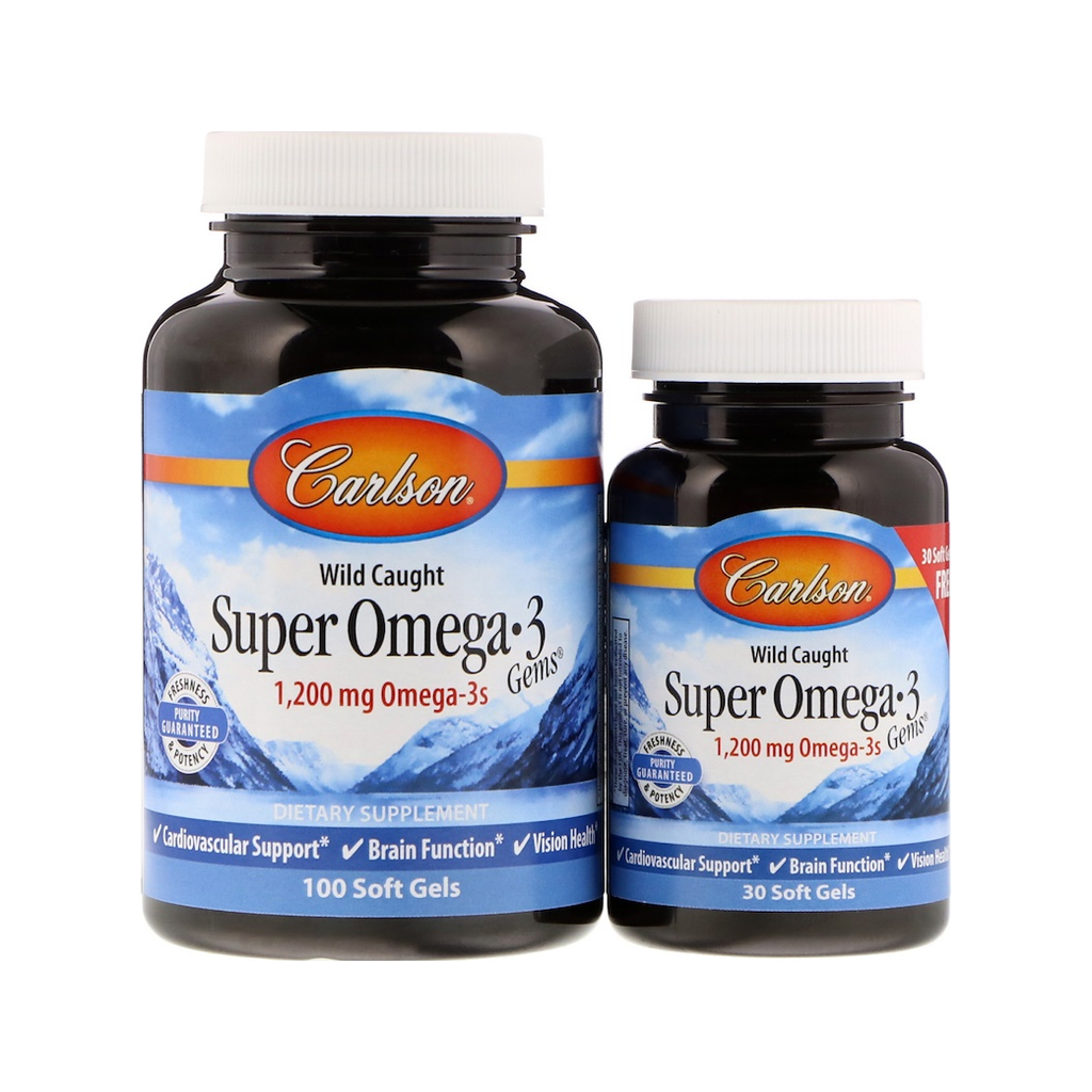 Omega-3 kapslar: två svarta flaskor med vita lock, 1 200 mg