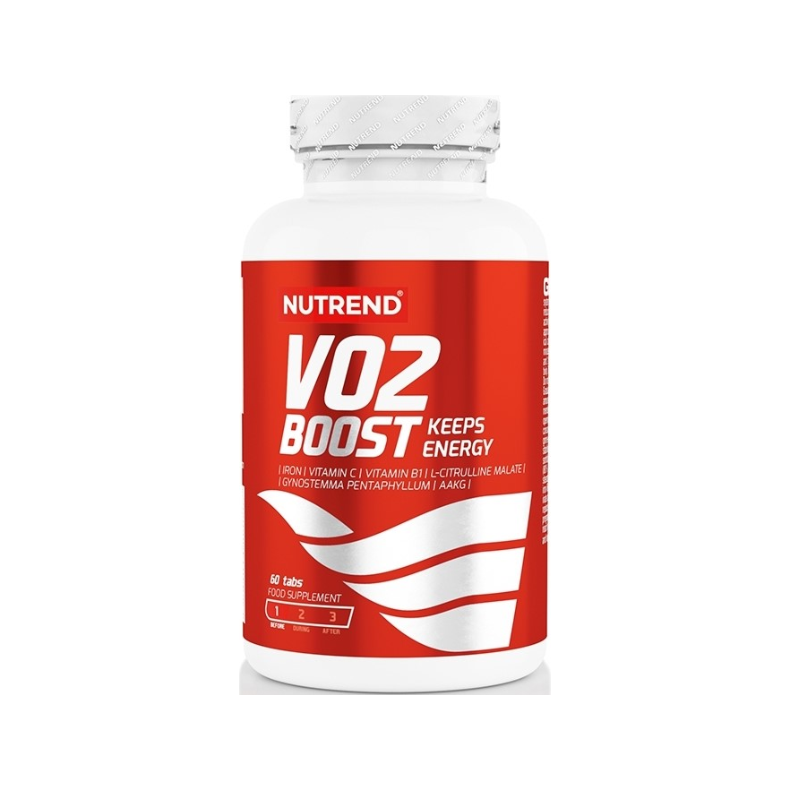 Kosttillskott i tablettburk: Nutrend VO2 Boost 60 tabletter, röd etikett.