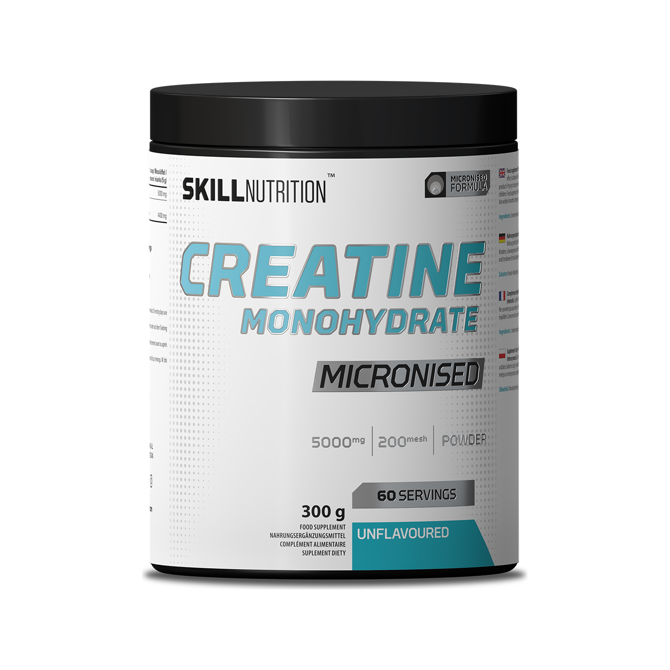 Skill Nutrition kreatinmonohydratburk med svart lock och etikett