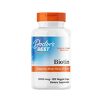 Biotintillskott i flaska med orange lock, märkning Doctor's BEST och 5000 mcg.