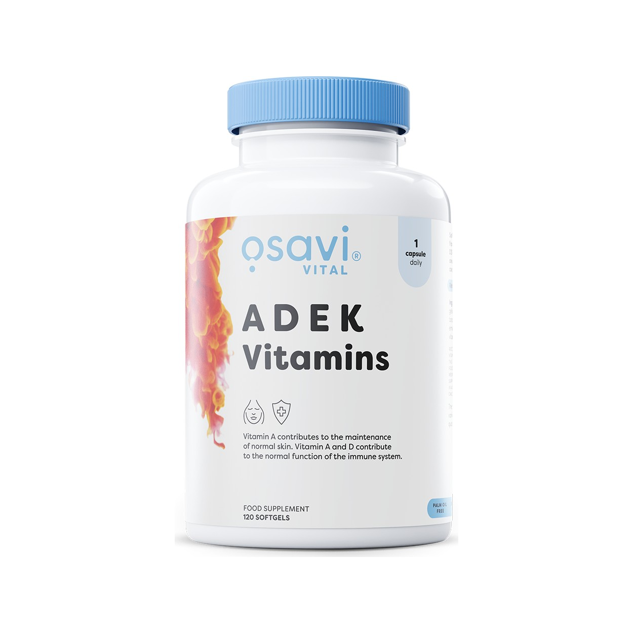 Vitamintillskott i kapslar i vit burk med blått lock, Osavi ADEK