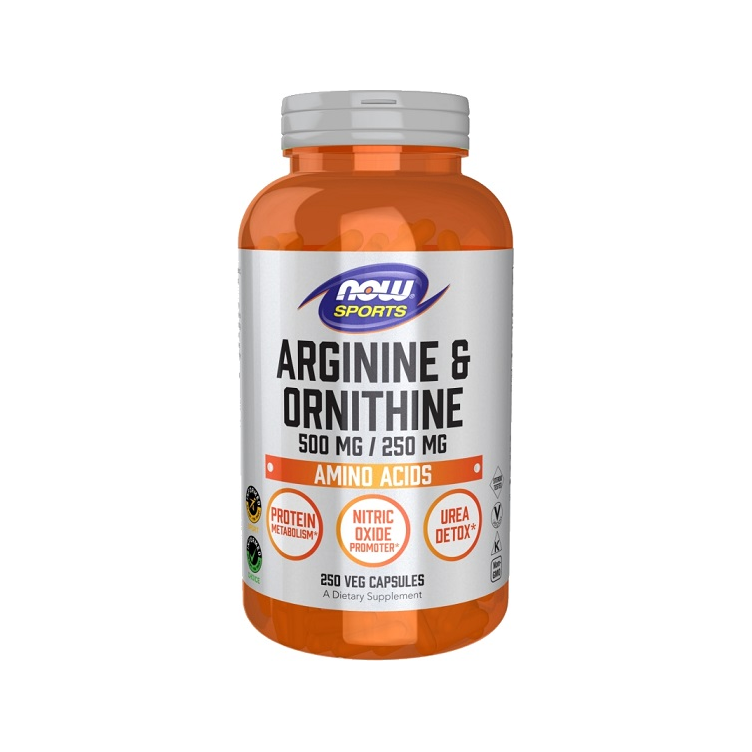 NOW Foods Arginine & Ornithine kosttillskott i orange kapselburk, 250 kapslar