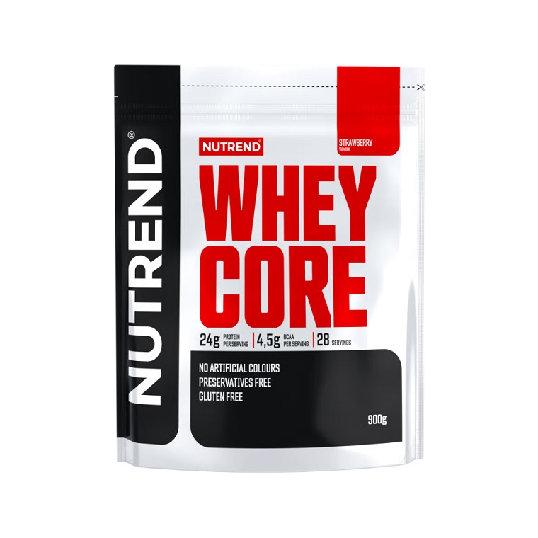 Proteinpulverpåse med Nutrend Whey Core, jordgubbssmak, 900 g