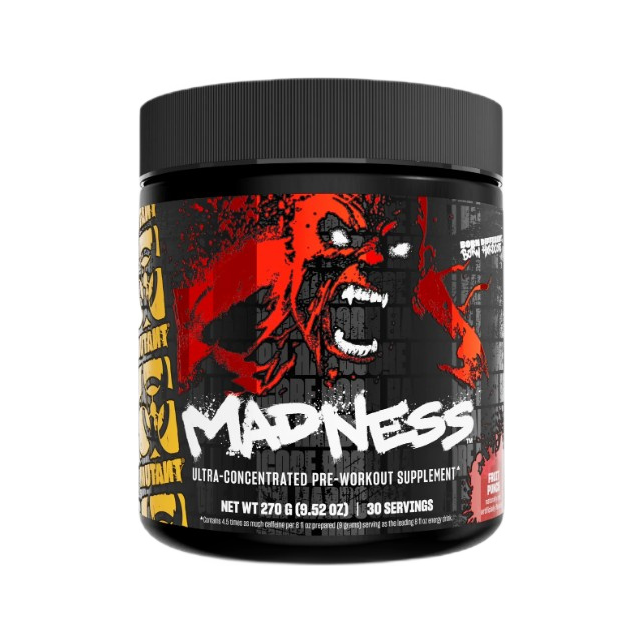 Burk med pre-workout kosttillskott, svart etikett med demon och orange detaljer.