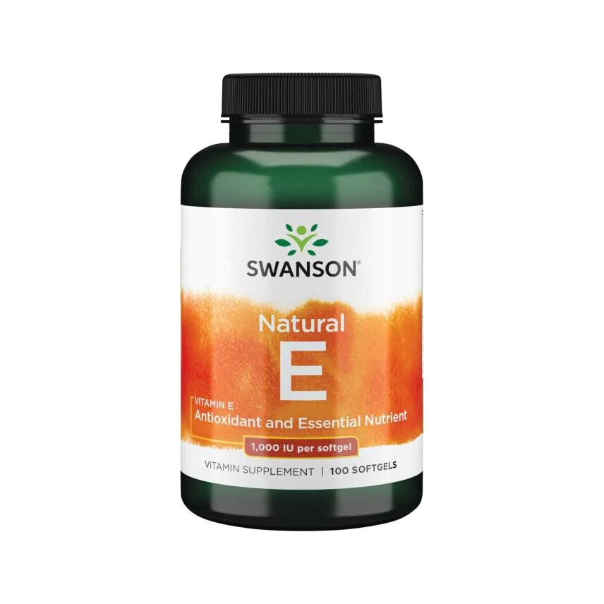 Swanson vitamin E-tillskott i burk med svart lock och etikett