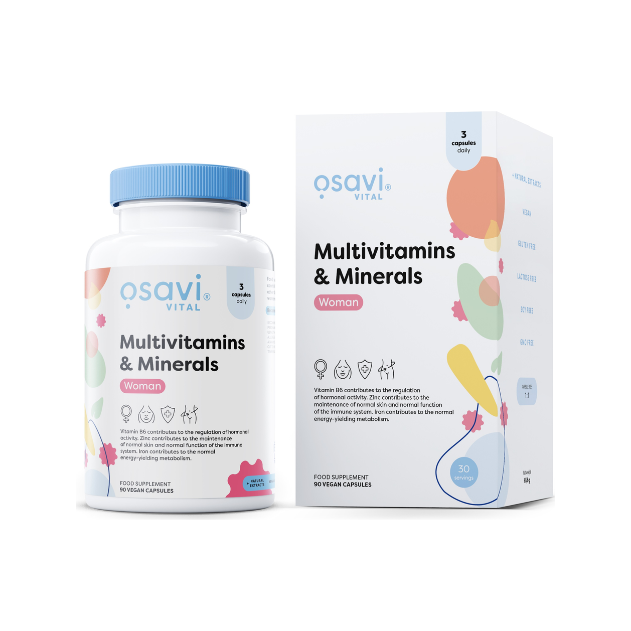 Osavi multivitamintillskott för kvinnor i burk och kartong, 90 kapslar