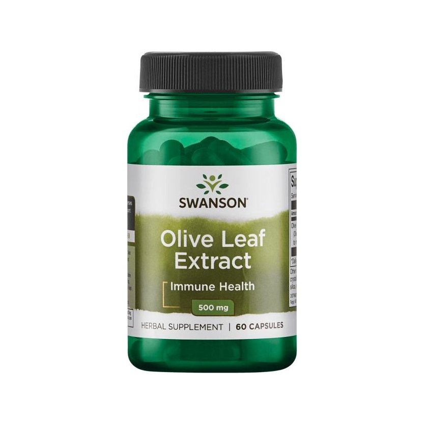 Swanson olivbladsextrakt i glasflaska med grön etikett, 500 mg, 60 kapslar
