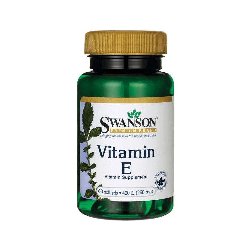 Swanson Vitamin E 400 IU 60 kapslar i grön flaska med guldfärgat lock