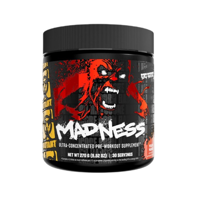 Burk med pre-workout kosttillskott, svart etikett med demon och orange djurfigur.