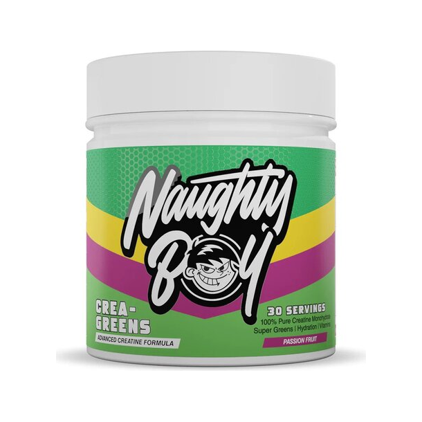 Crea-Greens-kreatinburk med passionsfrukt, 30 portioner, grön burketikett