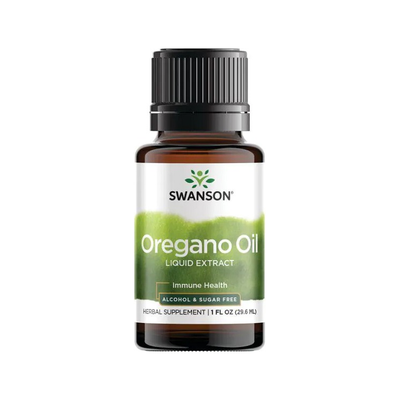 Oreganooljeextraktflaska från Swanson, brun glasflaska med svart lock, 29 ml
