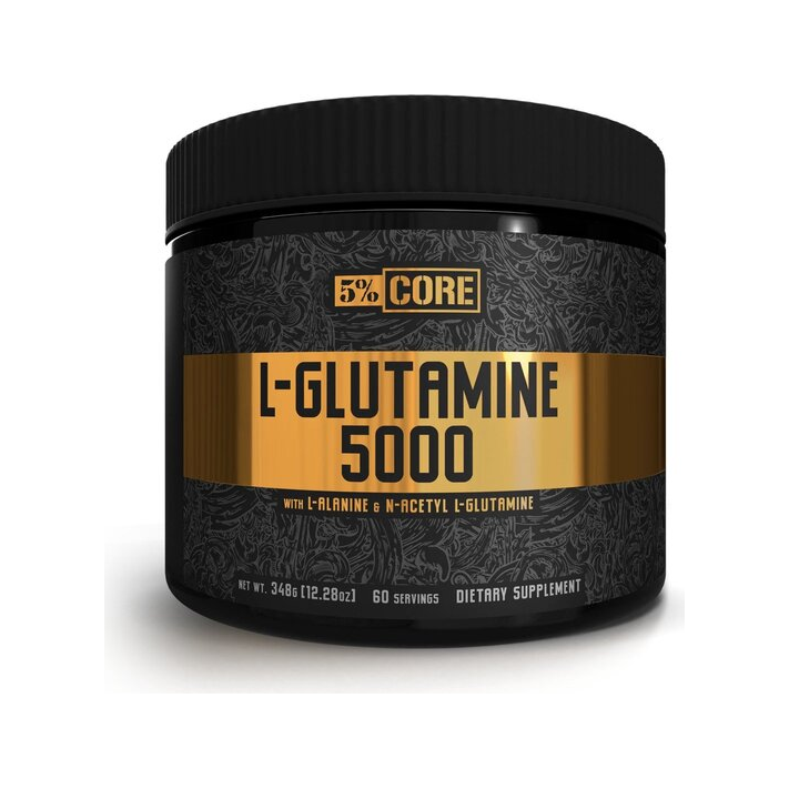5% CORE L-glutamin 5000 kosttillskott i svart burk med gul etikett, 348 g