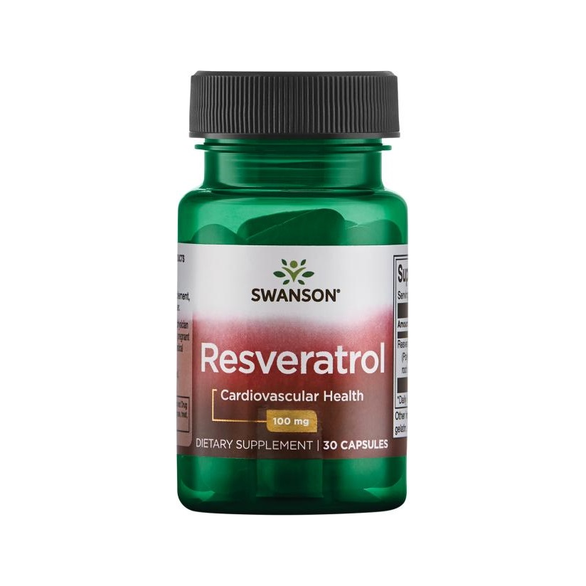 Resveratrol 100 mg kapseltillskott från Swanson, grön flaska med svart lock, 30 kapslar