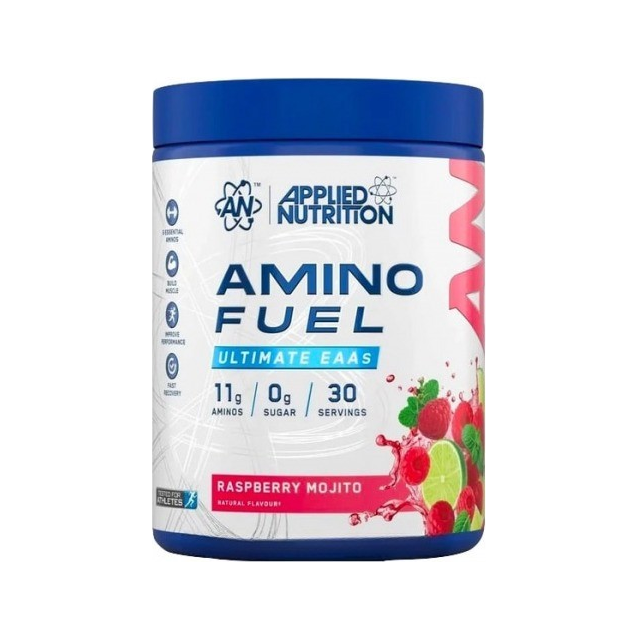 Aminofuel-burk med blått lock och etikett för Raspberry Mojito.