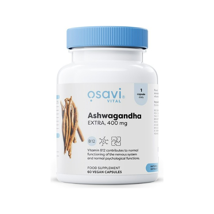 Tillskottsflaska med Osavi Ashwagandha Extra 400 mg, 60 vegankapslar, blått lock