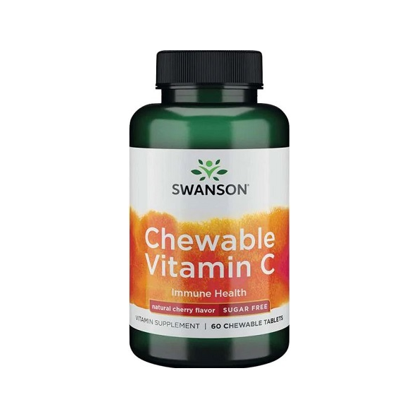 Swanson tuggtabletter med vitamin C i mörkgrön flaska med orange etikett