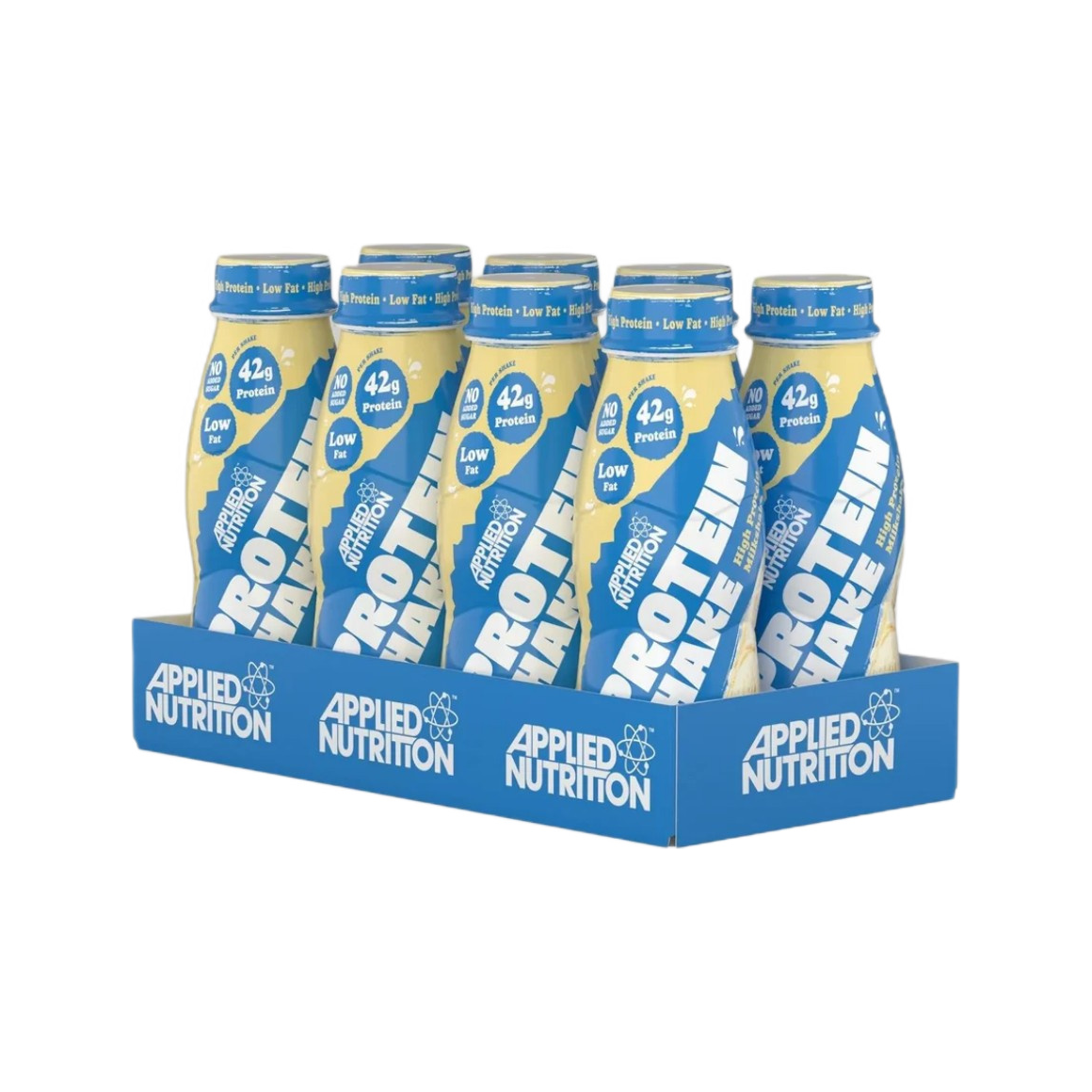 Applied Nutrition proteindryck, 8 x 500 ml, blå och gula flaskor i flergångsförpackning