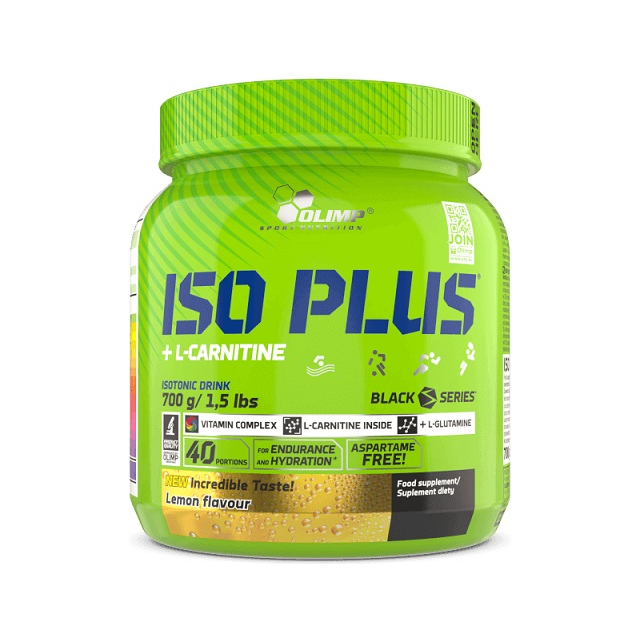 Olimp Nutrition Iso Plus 700 g grön och blå burk med Lemon-smak