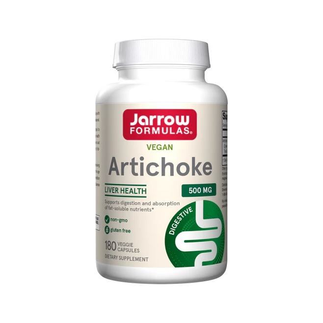 Jarrow Formulas kronärtskocka 500 mg vegankapslar i vit burk med grön etikett