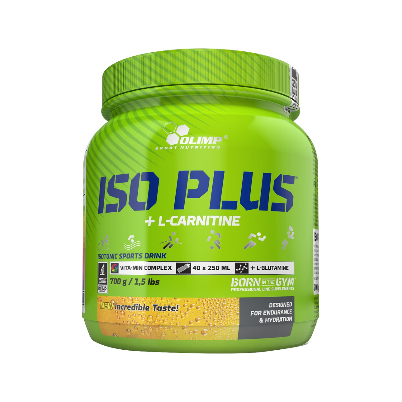 Olimp Nutrition Iso Plus 700 g grön burk med L-Carnitine-etikett och Lemon-smak