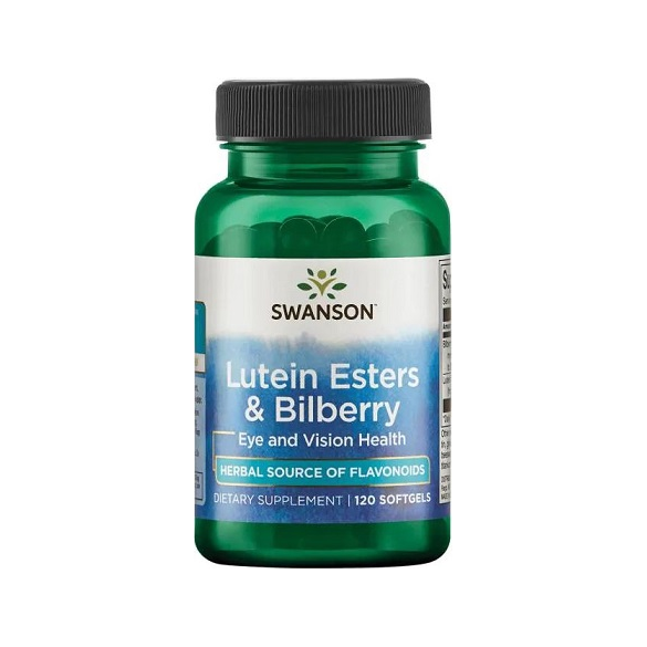 Kapsel-tillskott, grön flaska med svart lock: Swanson Lutein Esters & Bilberry