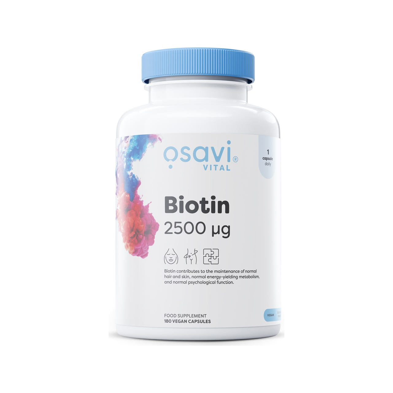 Biotintillskott Osavi Vital 2500 µg i vit flaska med blå skruvlock