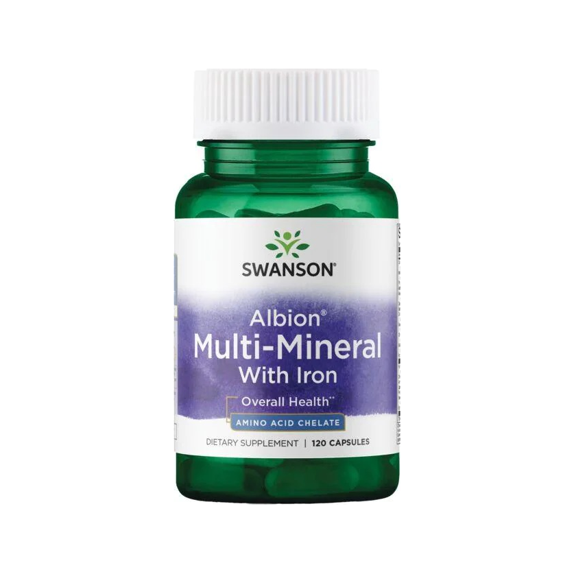 Swanson Albion multi-mineral med järn, kosttillskott i gröna kapslar, 120 kapslar