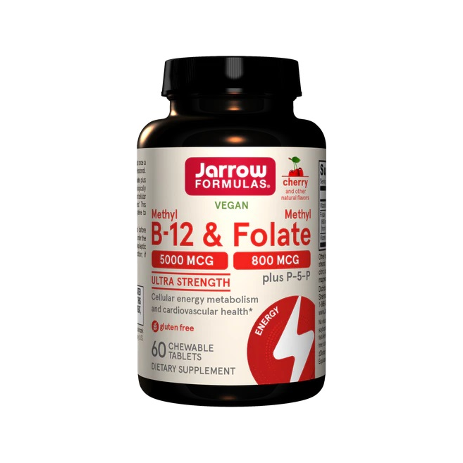 Jarrow Formulas Methyl B-12 & Folate kosttillskott i mörk flaska, vegansk med körsbärsmak.
