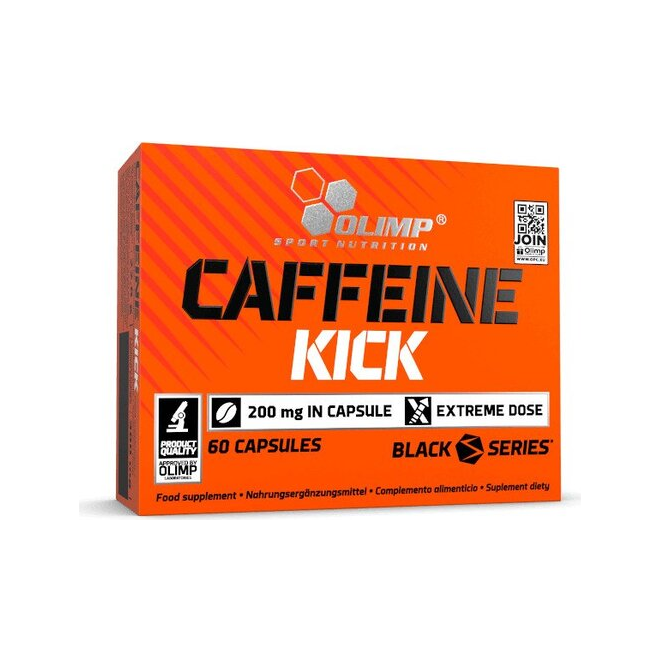 Olimp Caffeine Kick-förpackning, orange kartong med CAFFEINE KICK-text.