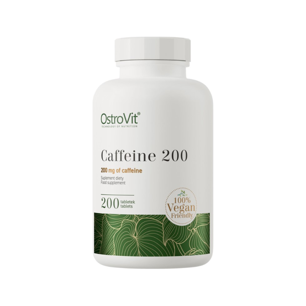 Caffeintillskott i vit plastflaska med etikett Caffeine 200 och 200 tabletter