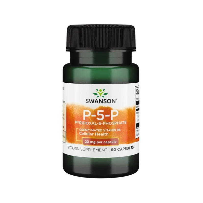 Swanson P-5-P vitamin B6 kapselburk, 20 mg, 60 kapslar, etikett